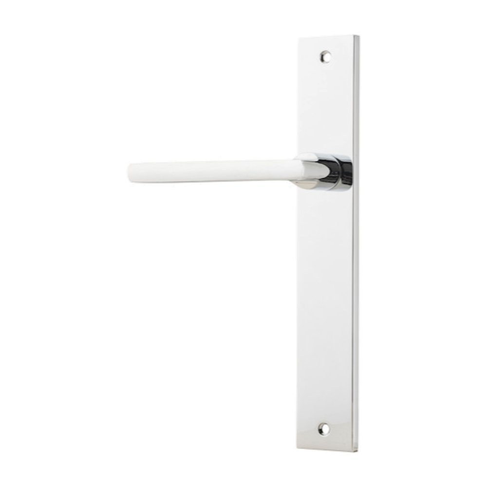 Door Lever Baltimore Rectangular Latch Left Hand Fixed Polished Chrome L118xP54mm BPH240xW38mm in Polished Chrome