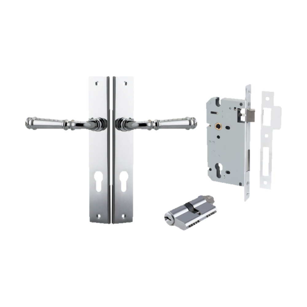 Door Lever Verona Rectangular Euro Polished Chrome CTC85mm H240xW38xP59mm Entrance Kit, Mortice Lock Euro Polished Chrome CTC85mm Backset 60mm, Euro Cylinder Dual Function 5 Pin Polished Chrome L65mm KA1 in Polished Chrome
