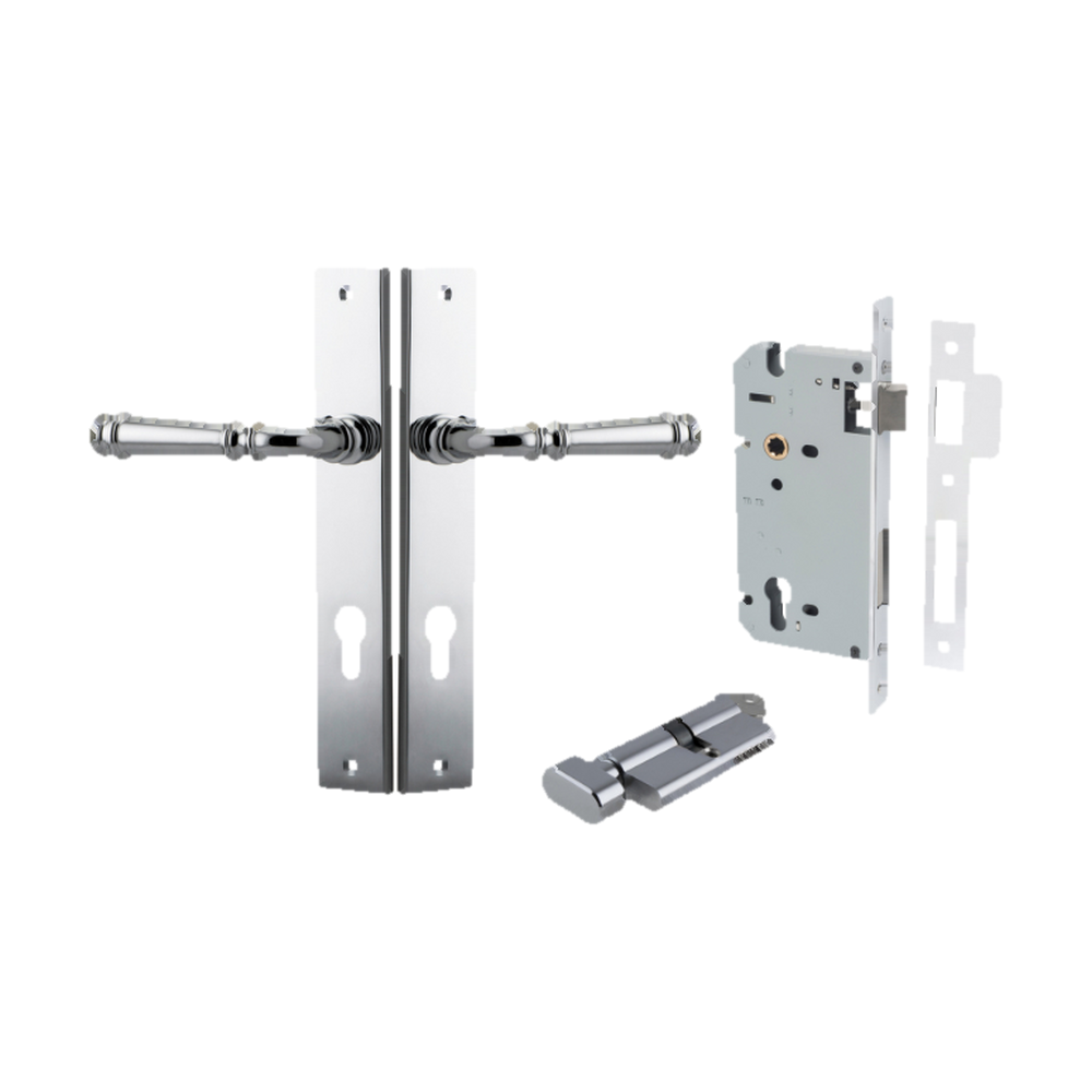 Door Lever Verona Rectangular Euro Polished Chrome CTC85mm H240xW38xP59mm Entrance Kit, Mortice Lock Euro Polished Chrome CTC85mm Backset 60mm, Euro Cylinder Key Thumb 6 Pin Polished Chrome L70mm KA1 in Polished Chrome