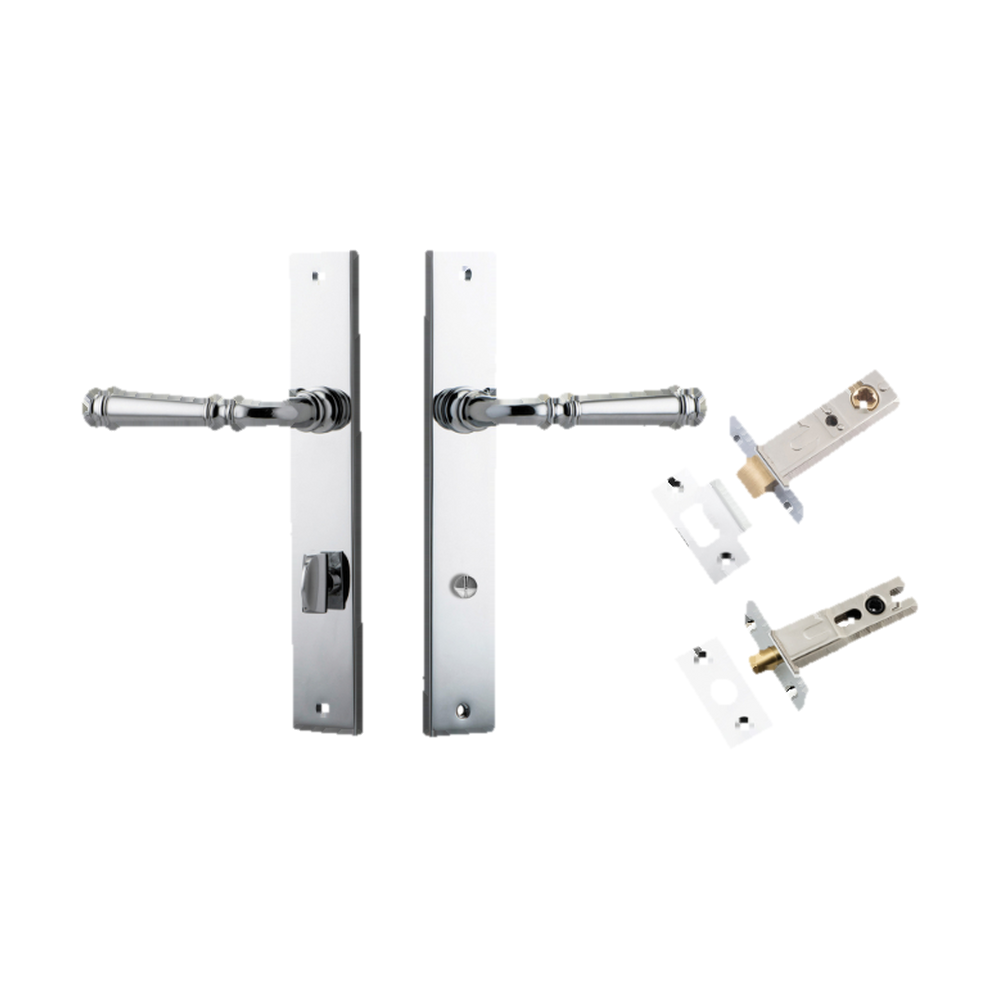 Door Lever Verona Rectangular Privacy Polished Chrome CTC85mm H240xW38xP59mm Inbuilt Privacy Kit, Tube Latch Split Cam 'T' Striker Polished Chrome Backset 60mm, Privacy Bolt Round Bolt Polished Chrome Backset 60mm in Polished Chrome