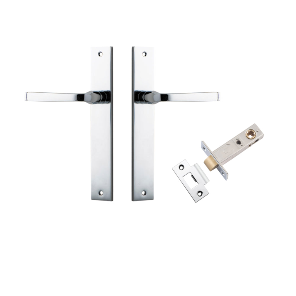 Door Lever Annecy Rectangular Latch Polished Chrome H240xW38xP65mm Passage Kit, Tube Latch Split Cam 'T' Striker Polished Chrome Backset 60mm in Polished Chrome