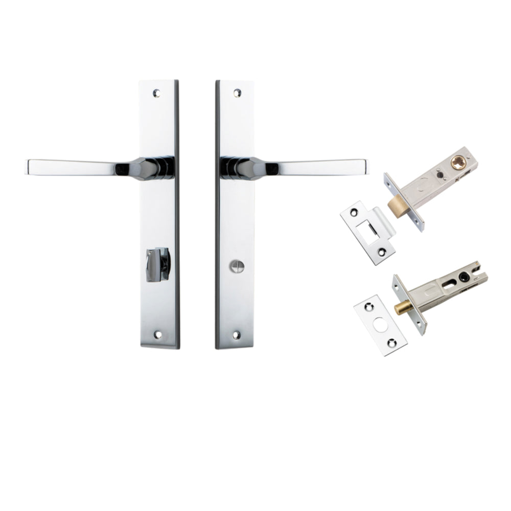 Door Lever Annecy Rectangular Privacy Polished Chrome CTC85mm H240xW38xP65mm Inbuilt Privacy Kit, Tube Latch Split Cam 'T' Striker Polished Chrome Backset 60mm, Privacy Bolt Round Bolt Polished Chrome Backset 60mm in Polished Chrome