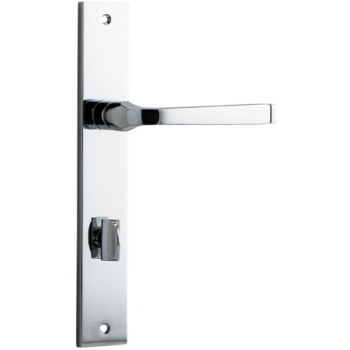 Pair of Iver Annecy lever door handles on rectangular backplates, featuring a sleek, modern design in a polished finish.