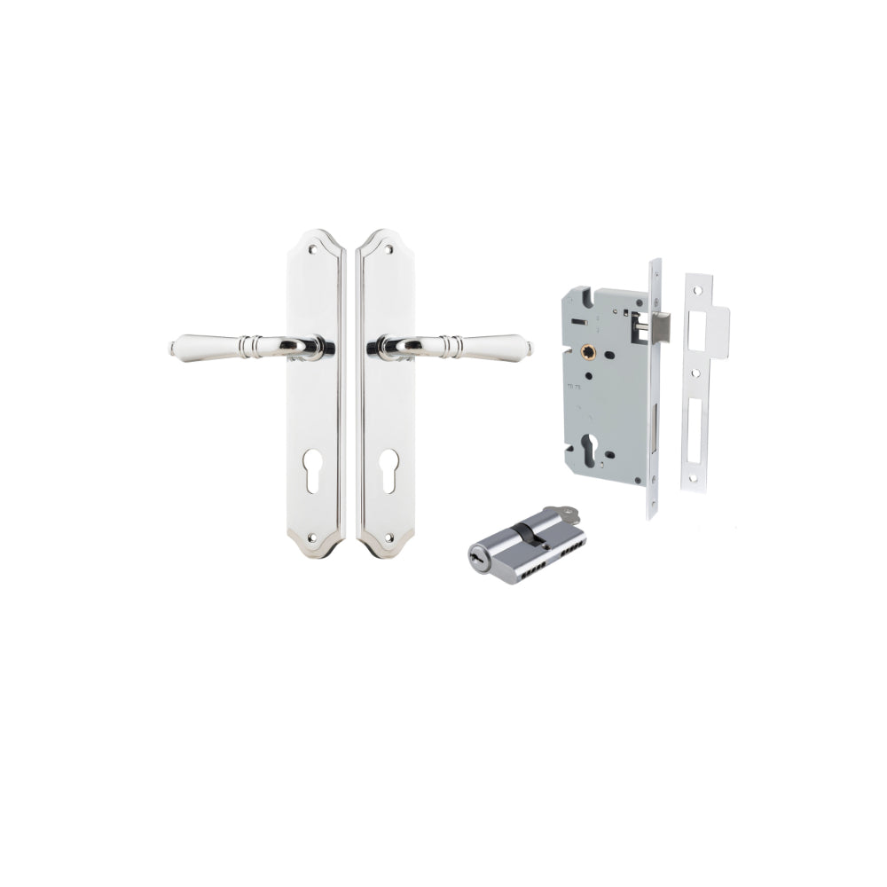 Door Lever Sarlat Shouldered Euro Polished Chrome CTC85mm H250xW48xP57mm Entrance Kit Mortice Lock Euro Polished Chrome CTC85mm Backset 60mm, Euro Cylinder Dual Function 5 Pin Polished Chrome L65mm KA1 in Polished Chrome