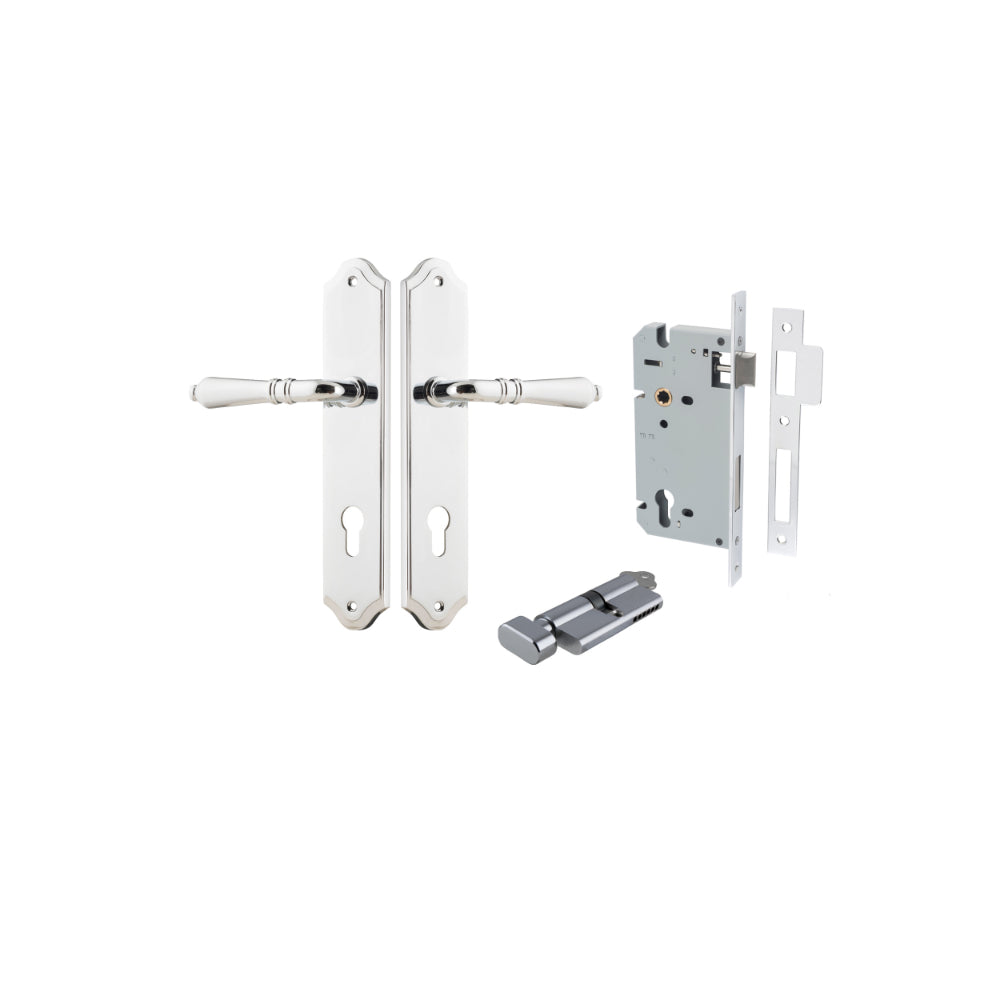 Door Lever Sarlat Shouldered Euro Polished Chrome CTC85mm H250xW48xP57mm Entrance Kit Mortice Lock Euro Polished Chrome CTC85mm Backset 60mm, Euro Cylinder Key Thumb 6 Pin Polished Chrome L70mm KA1 in Polished Chrome