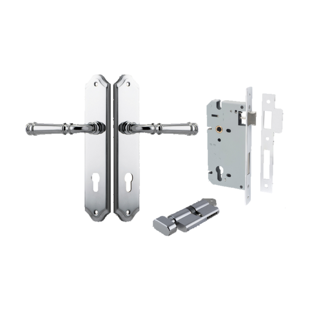 Door Lever Verona Shouldered Euro Polished Chrome CTC85mm H240xW50xP59mm Entrance Kit Mortice Lock Euro Polished Chrome CTC85mm Backset 60mm, Euro Cylinder Key Thumb 6 Pin Polished Chrome L70mm KA1 in Polished Chrome