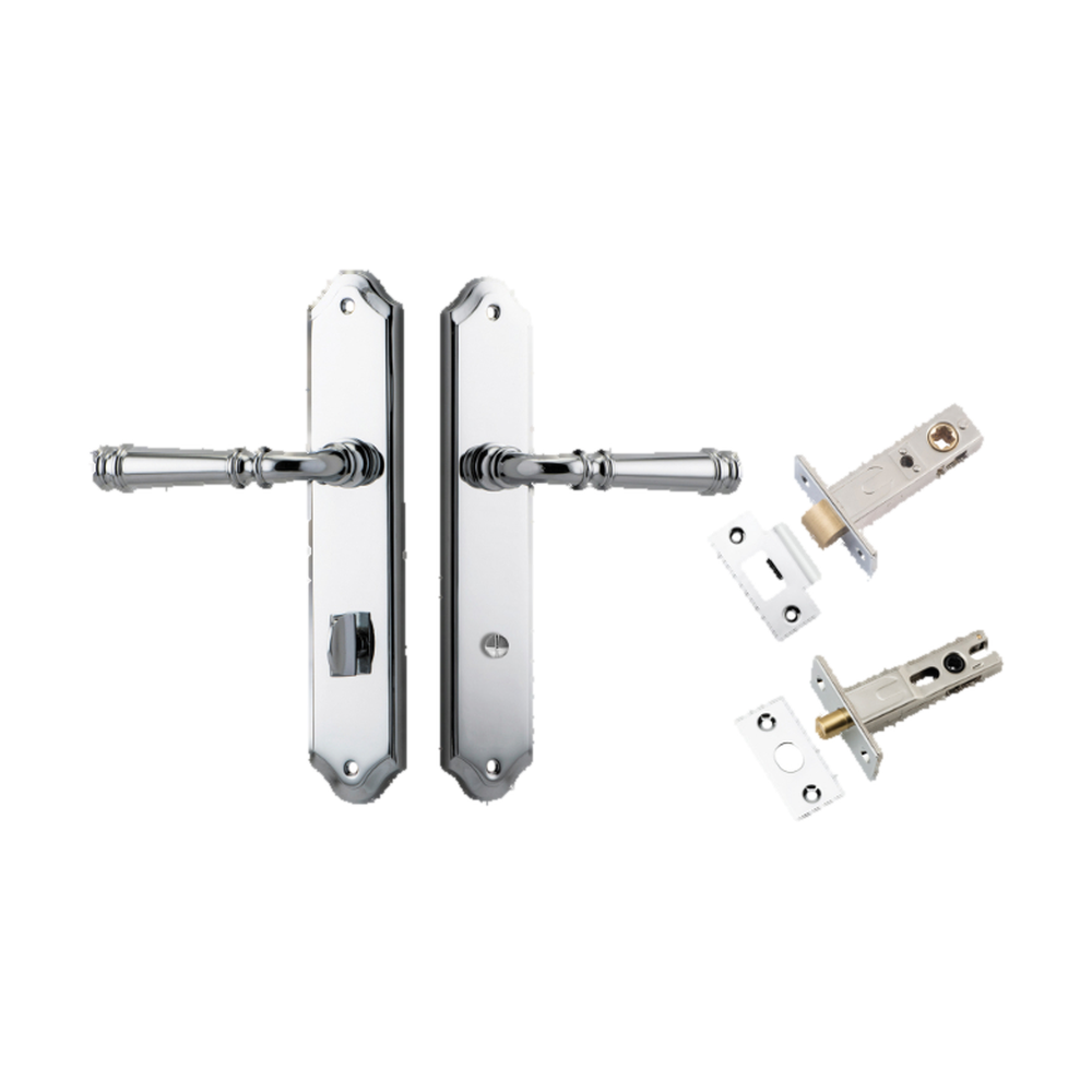Door Lever Verona Shouldered Privacy Polished Chrome CTC85mm H240xW50xP59mm Inbuilt Privacy Kit Tube Latch Split Cam 'T' Striker Polished Chrome Backset 60mm, Privacy Bolt Round Bolt Polished Chrome Backset 60mm in Polished Chrome