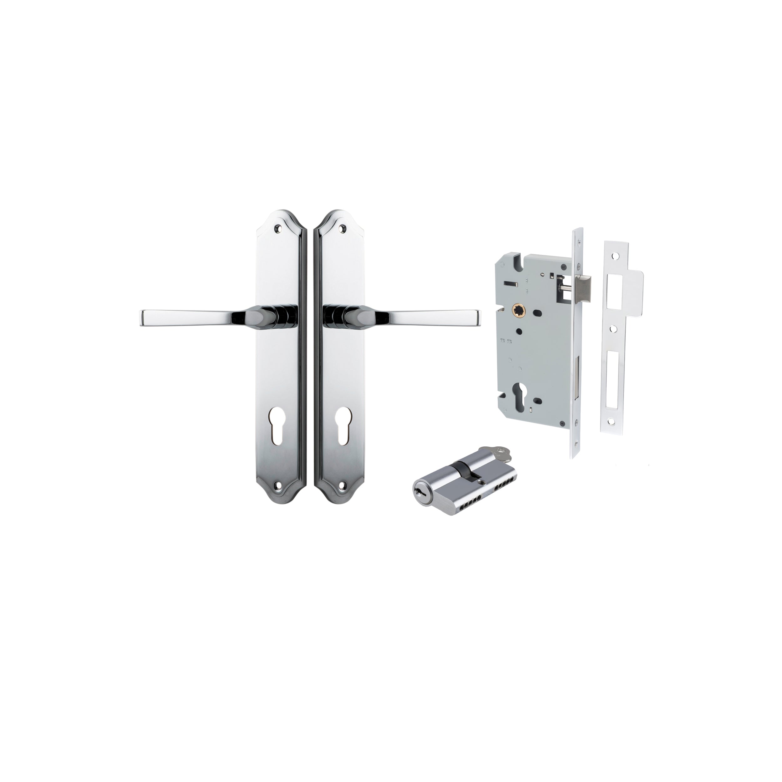 Pair of Iver Annecy lever on shouldered backplates, featuring sleek metal handles with circular backplates for cabinets or furniture.