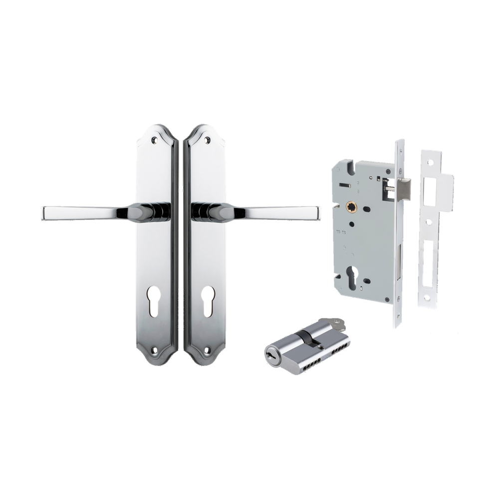 Door Lever Annecy Shouldered Euro Polished Chrome CTC85mm H240xW50xP65mm Entrance Kit Mortice Lock Euro Polished Chrome CTC85mm Backset 60mm, Euro Cylinder Dual Function 5 Pin Polished Chrome L65mm KA1 in Polished Chrome