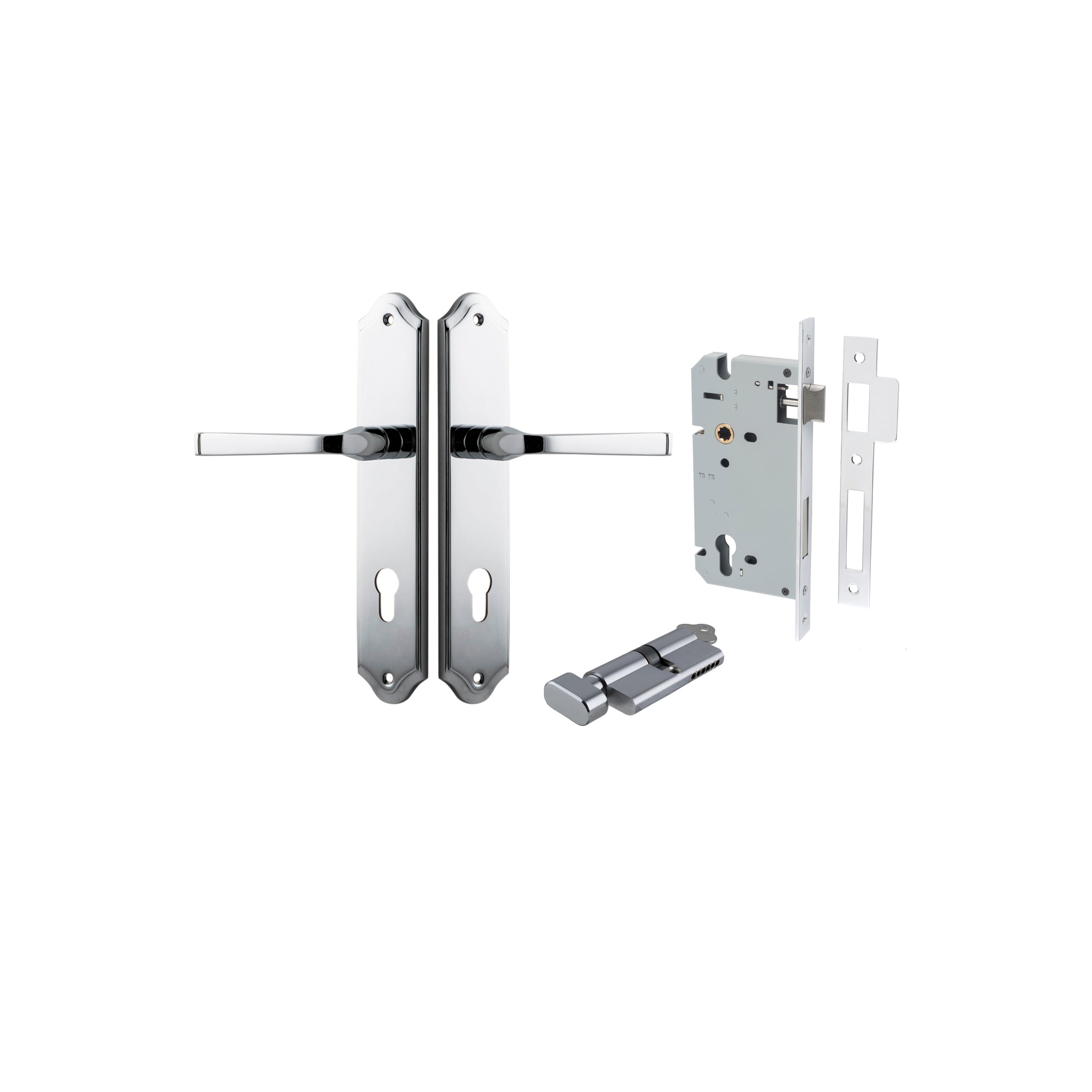 Door Lever Annecy Shouldered Euro Polished Chrome CTC85mm H240xW50xP65mm Entrance Kit Mortice Lock Euro Polished Chrome CTC85mm Backset 60mm, Euro Cylinder Key Thumb 6 Pin Polished Chrome L70mm KA1 in Polished Chrome