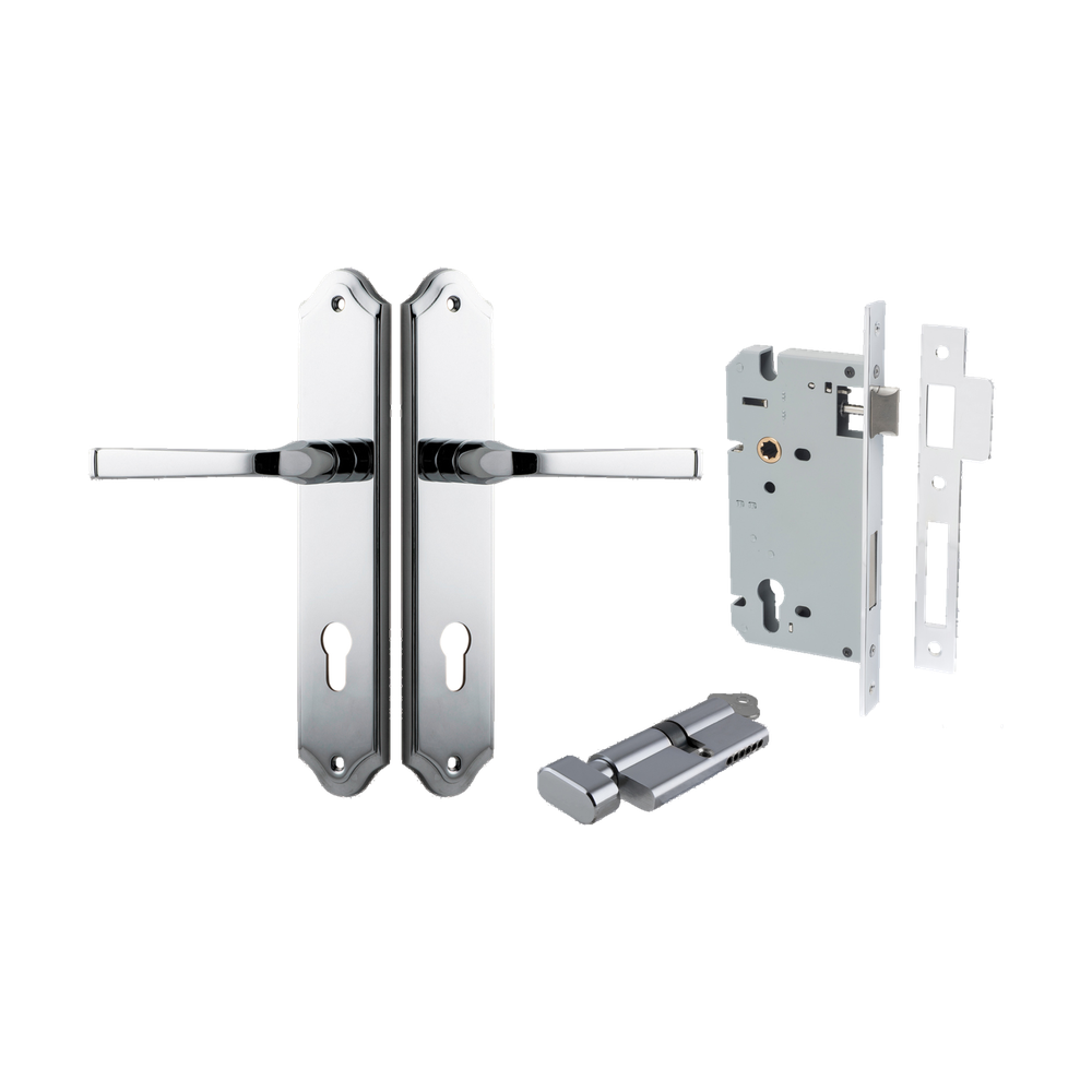 Door Lever Annecy Shouldered Euro Polished Chrome CTC85mm H240xW50xP65mm Entrance Kit Mortice Lock Euro Polished Chrome CTC85mm Backset 60mm, Euro Cylinder Key Thumb 6 Pin Polished Chrome L70mm KA1 in Polished Chrome
