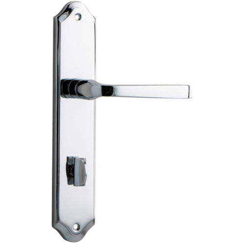 Pair of Iver Annecy lever handles on shouldered backplates, featuring classic design and polished finish for cabinet or door use.
