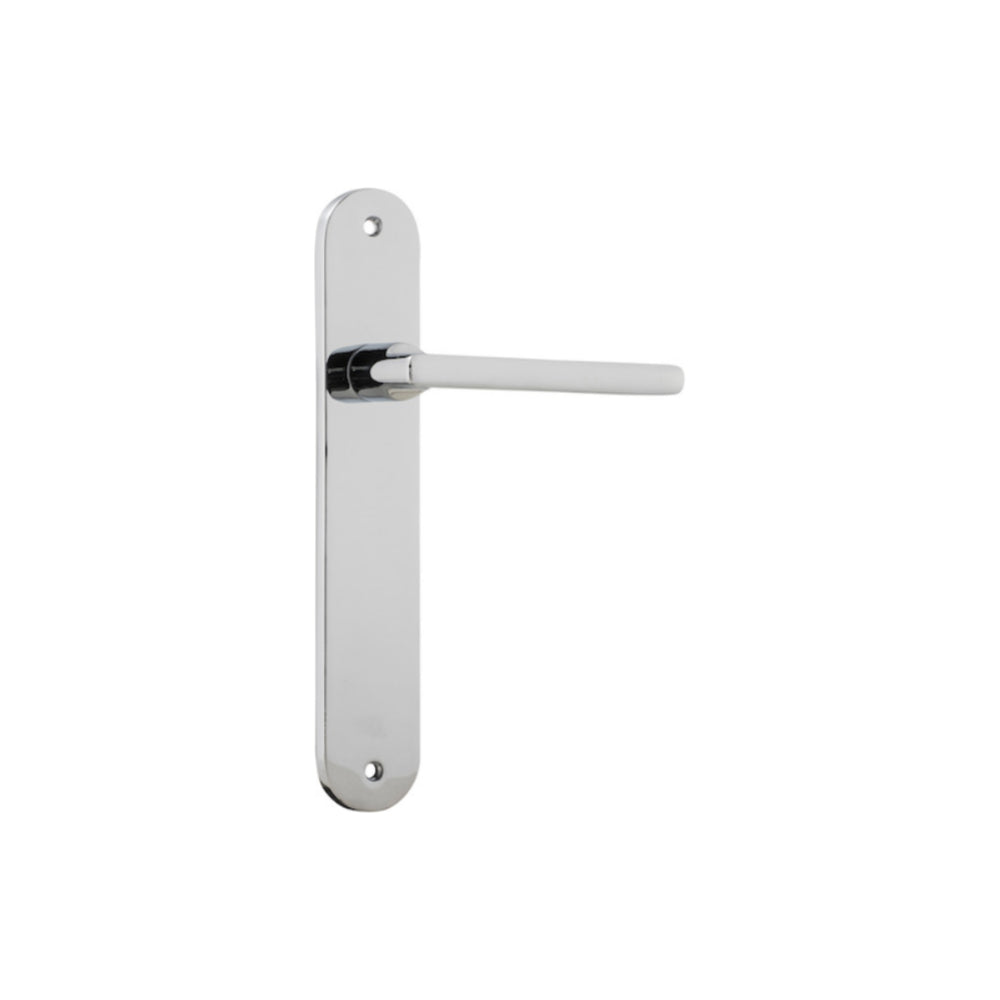 Pair of Iver Baltimore lever door handles on oval backplates, featuring a sleek modern design in a satin finish.