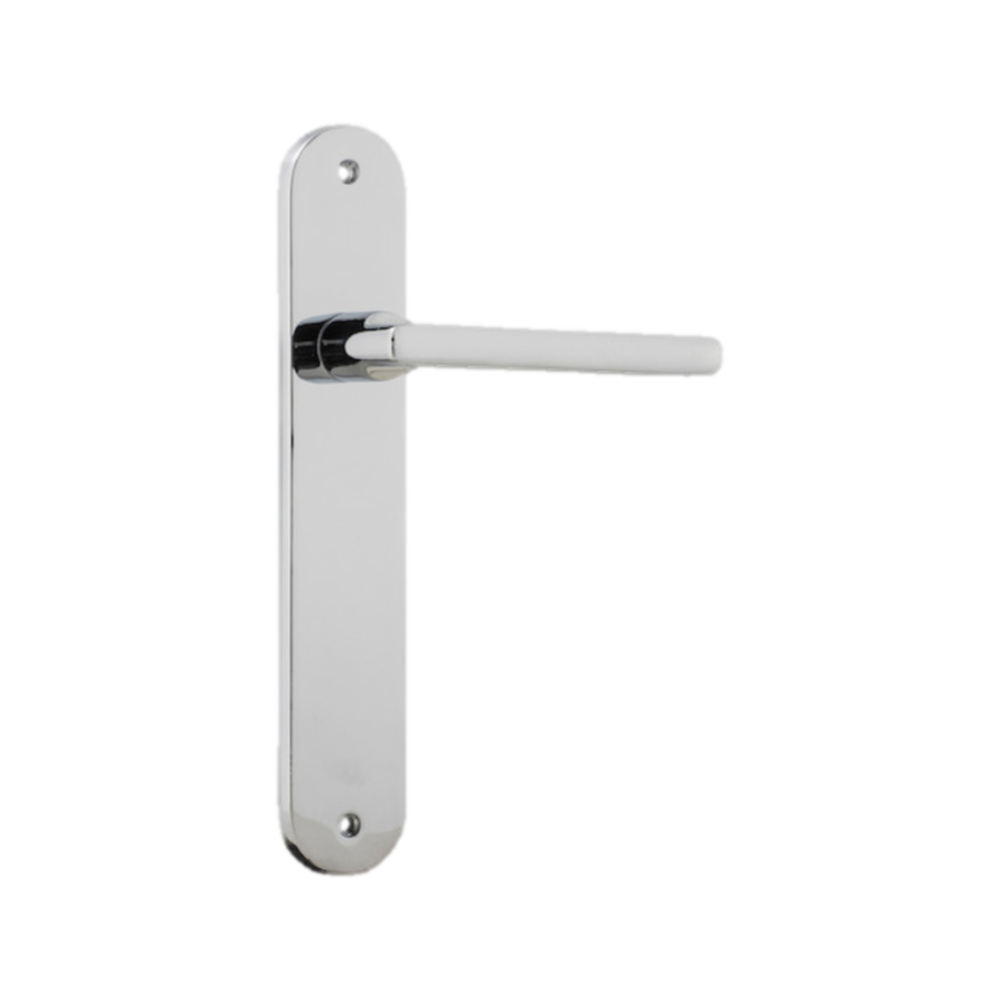 Door Lever Baltimore Oval Latch Polished Chrome H230xW40xP55mm in Polished Chrome