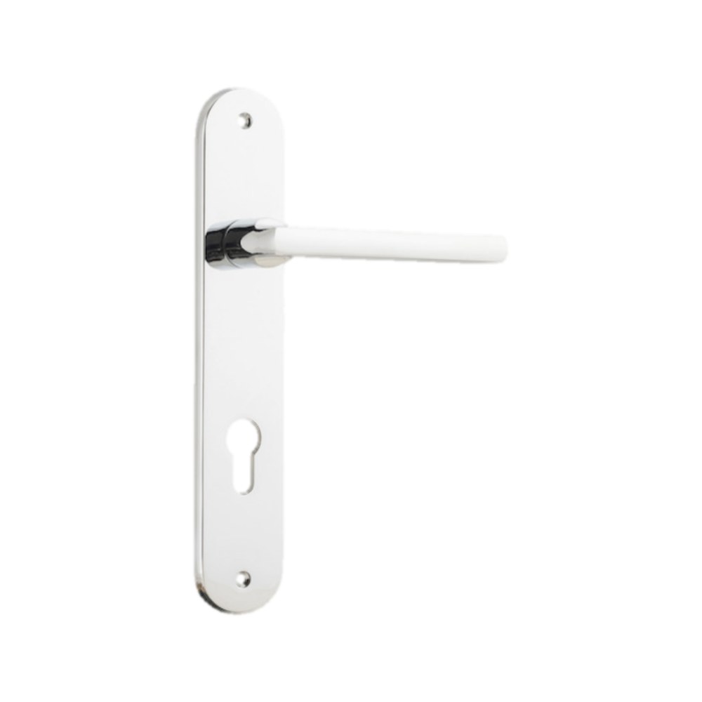 Door Lever Baltimore Oval Euro Polished Chrome CTC85mm H230xW40xP55mm in Polished Chrome