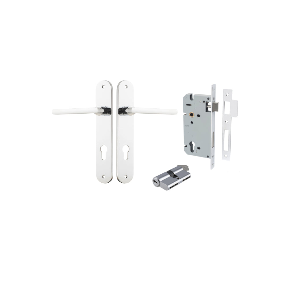 Door Lever Baltimore Oval Euro Polished Chrome CTC85mm H240xW40xP55mm Entrance Kit Mortice Lock Euro Polished Chrome CTC85mm Backset 60mm, Euro Cylinder Dual Function 5 Pin Polished Chrome L65mm KA1 in Polished Chrome