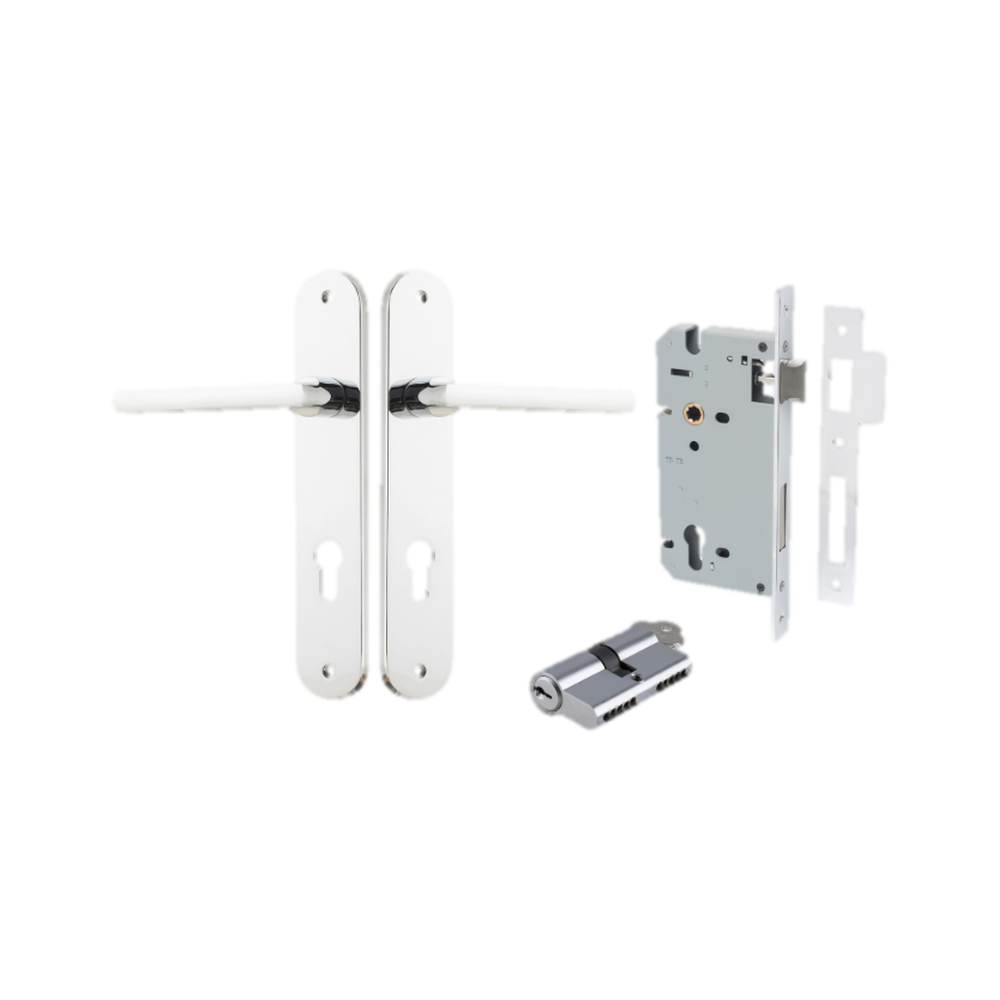 Door Lever Baltimore Oval Euro Polished Chrome CTC85mm H240xW40xP55mm Entrance Kit Mortice Lock Euro Polished Chrome CTC85mm Backset 60mm, Euro Cylinder Dual Function 5 Pin Polished Chrome L65mm KA1 in Polished Chrome