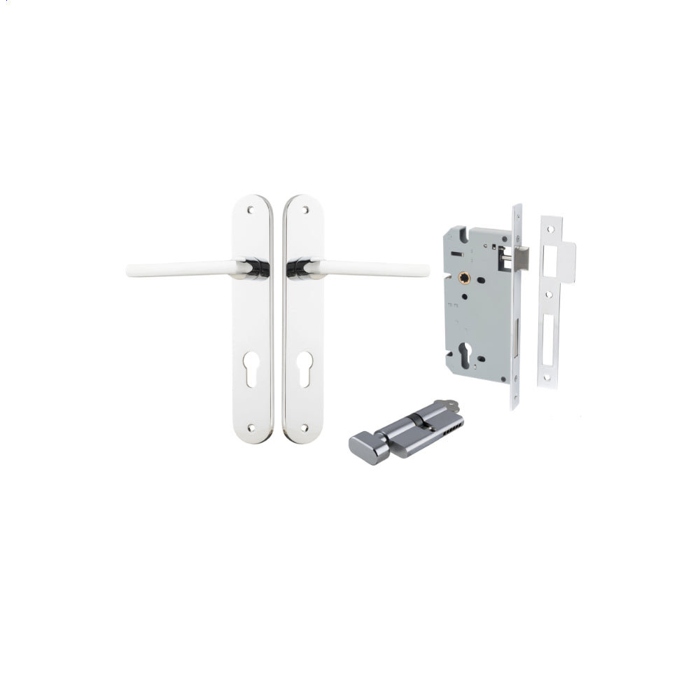 Door Lever Baltimore Oval Euro Polished Chrome CTC85mm H240xW40xP55mm Entrance Kit Mortice Lock Euro Polished Chrome CTC85mm Backset 60mm, Euro Cylinder Key Thumb 6 Pin Polished Chrome L70mm KA1 in Polished Chrome