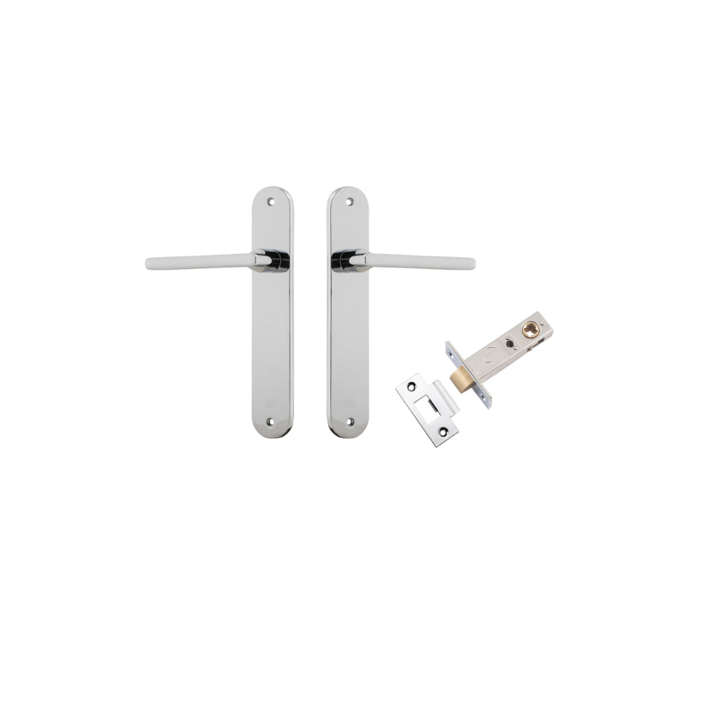 Pair of Iver Baltimore lever door handles with oval backplates, featuring a sleek, modern design in a polished finish.