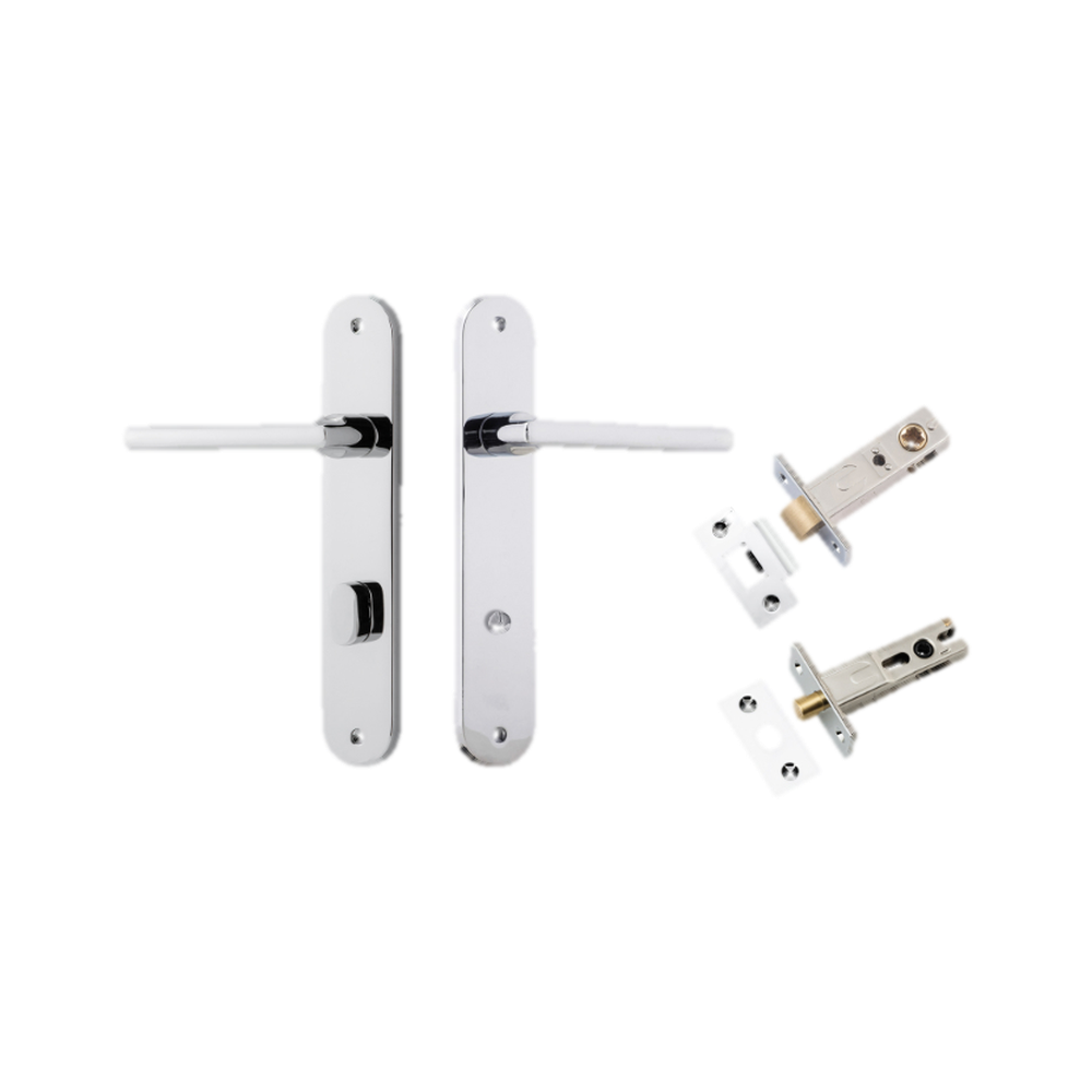 Door Lever Baltimore Oval Privacy Polished Chrome CTC85mm H240xW40xP55mm Inbuilt Privacy Kit Tube Latch Split Cam 'T' Striker Polished Chrome Backset 60mm, Privacy Bolt Round Bolt Polished Chrome Backset 60mm in Polished Chrome