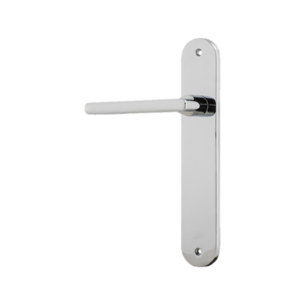 Door Lever Baltimore Oval Latch Left Hand Fixed Polished Chrome L118xP54mm BPH240xW40mm in Polished Chrome