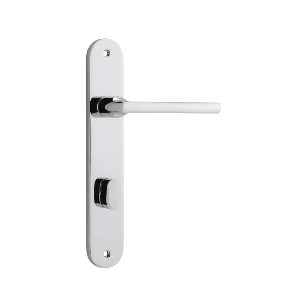 Pair of Iver Baltimore lever door handles on oval backplates, featuring a sleek, modern design in a polished finish.