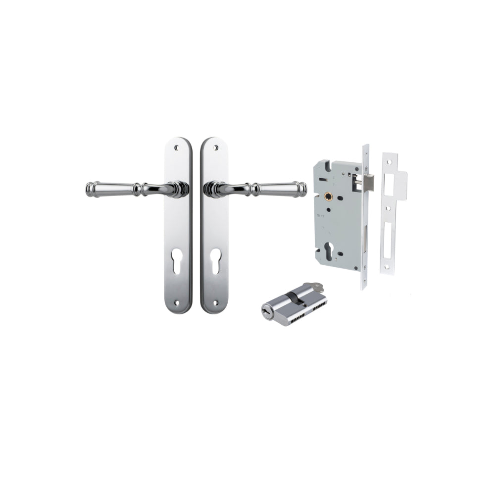 Door Lever Verona Oval Euro Polished Chrome CTC85mm H240xW40xP59mm Entrance Kit Mortice Lock Euro Polished Chrome CTC85mm Backset 60mm, Euro Cylinder Dual Function 5 Pin Polished Chrome L65mm KA1 in Polished Chrome