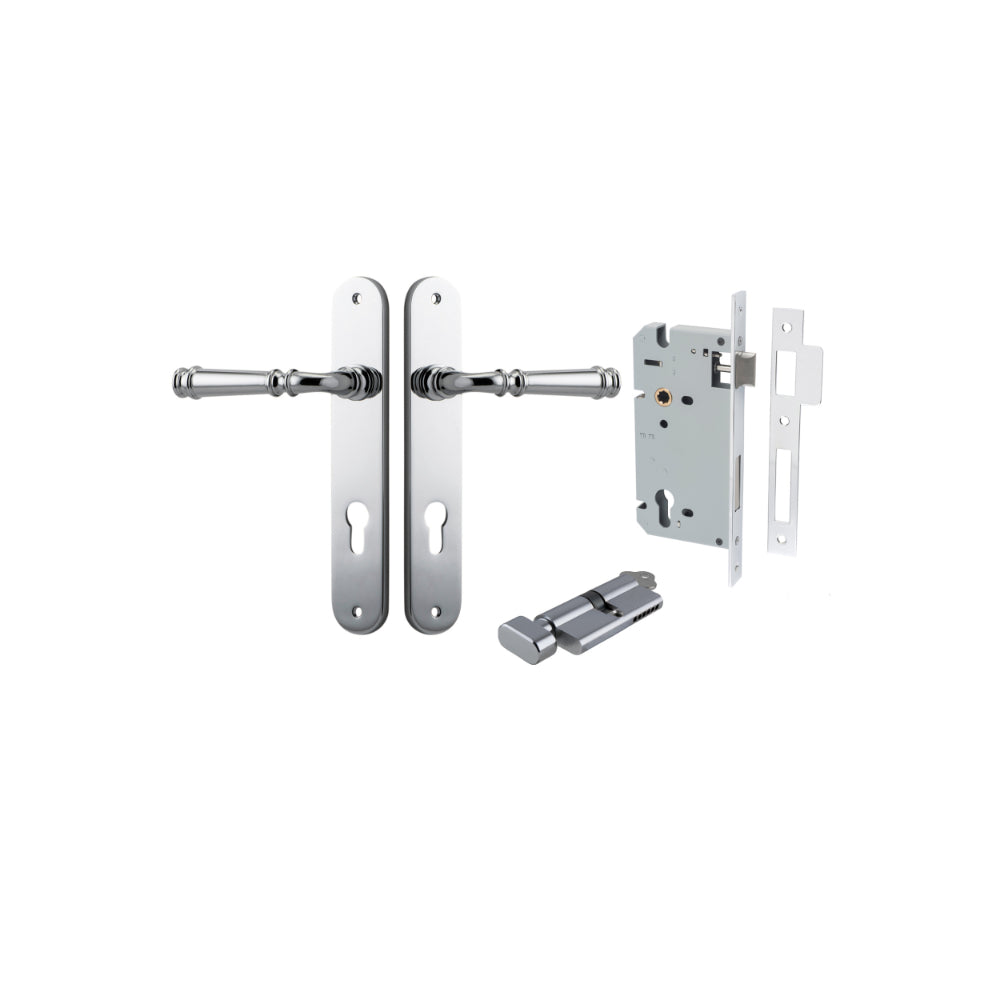 Door Lever Verona Oval Euro Polished Chrome CTC85mm H240xW40xP59mm Entrance Kit Mortice Lock Euro Polished Chrome CTC85mm Backset 60mm, Euro Cylinder Key Thumb 6 Pin Polished Chrome L70mm KA1 in Polished Chrome