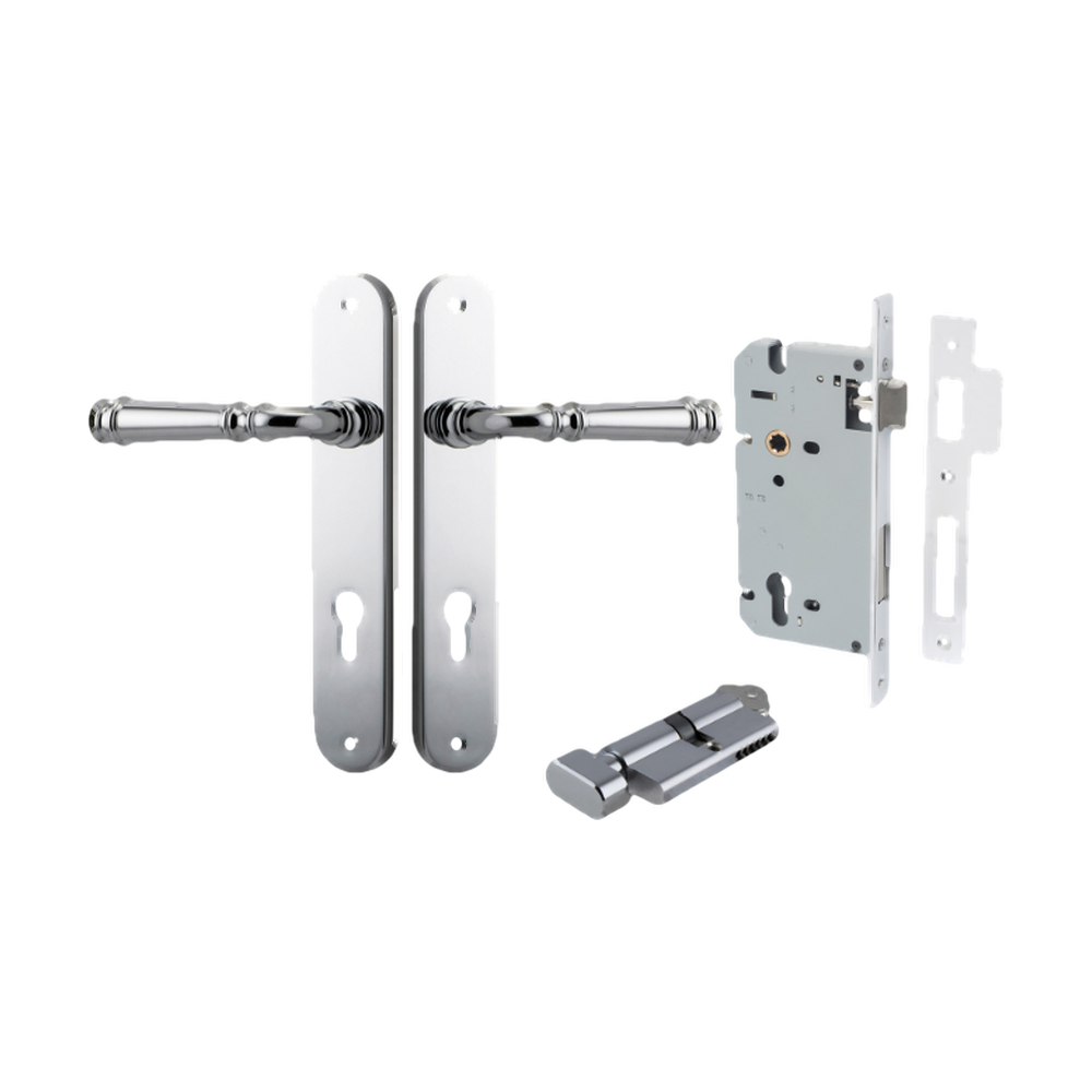 Door Lever Verona Oval Euro Polished Chrome CTC85mm H240xW40xP59mm Entrance Kit Mortice Lock Euro Polished Chrome CTC85mm Backset 60mm, Euro Cylinder Key Thumb 6 Pin Polished Chrome L70mm KA1 in Polished Chrome