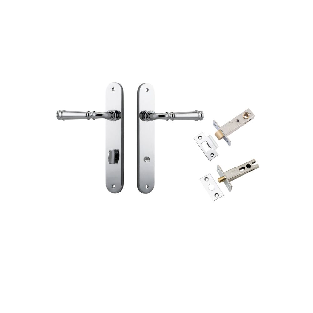 Door Lever Verona Oval Privacy Polished Chrome CTC85mm H240xW40xP59mm Inbuilt Privacy Kit Tube Latch Split Cam 'T' Striker Polished Chrome Backset 60mm, Privacy Bolt Round Bolt Polished Chrome Backset 60mm in Polished Chrome