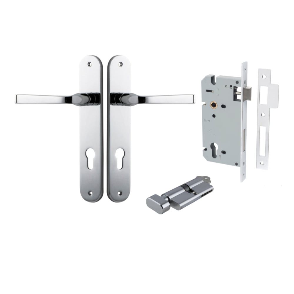 Door Lever Annecy Oval Euro Polished Chrome CTC85mm H240xW40xP62mm Entrance Kit Mortice Lock Euro Polished Chrome CTC85mm Backset 60mm, Euro Cylinder Key Thumb 6 Pin Polished Chrome L70mm KA1 in Polished Chrome