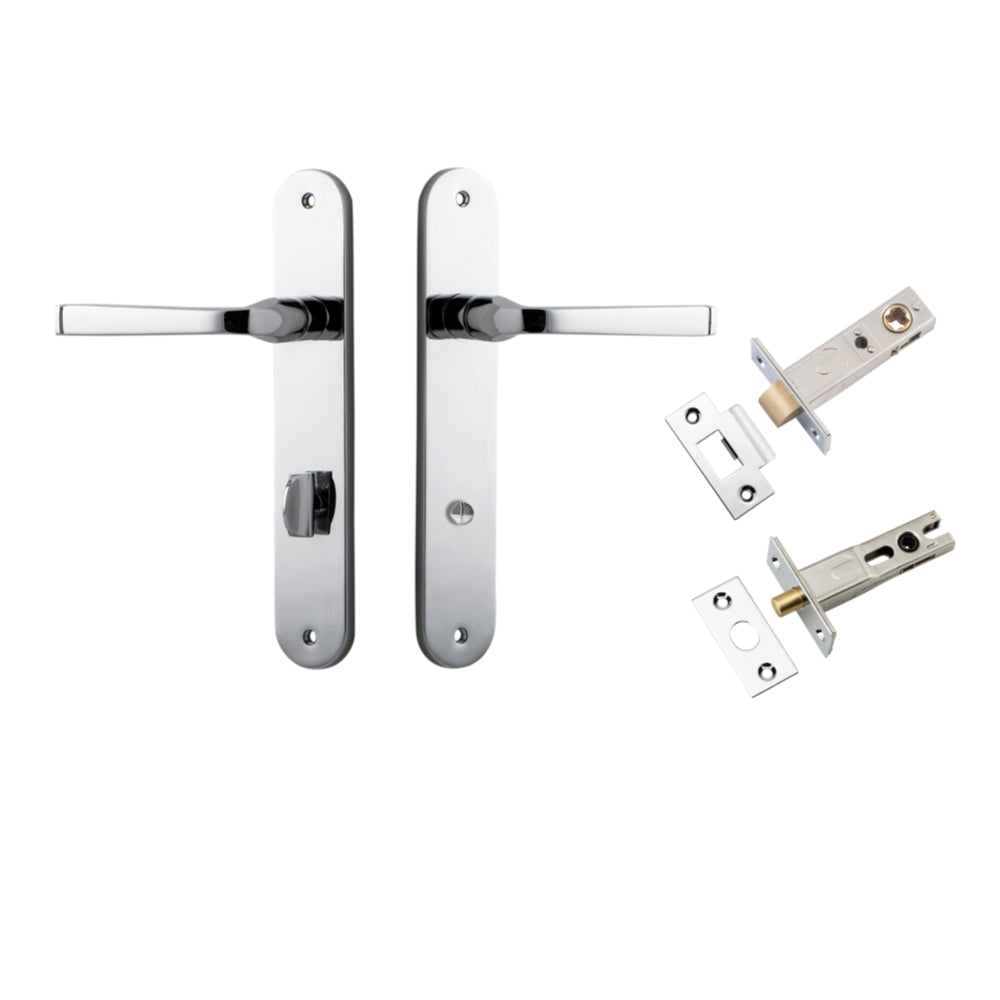 Door Lever Annecy Oval Privacy Polished Chrome CTC85mm H240xW40xP62mm Inbuilt Privacy Kit Tube Latch Split Cam 'T' Striker Polished Chrome Backset 60mm, Privacy Bolt Round Bolt Polished Chrome Backset 60mm in Polished Chrome