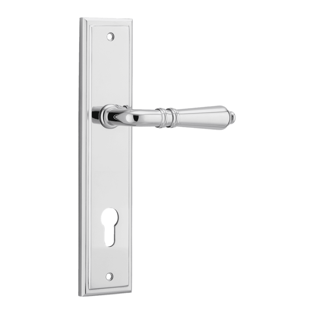 Pair of Iver Sarlat lever handles on stepped backplates, with polished metal finish, designed for interior doors.