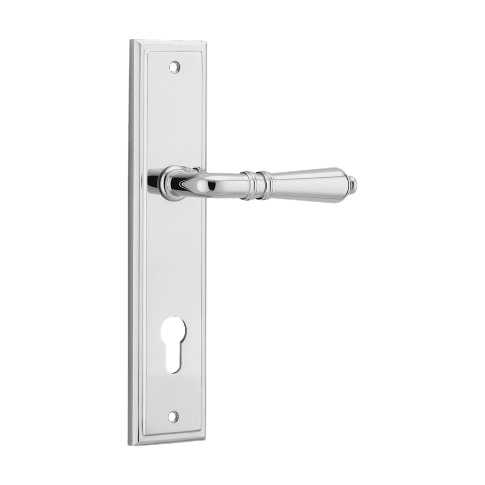Pair of Iver Sarlat lever handles on stepped backplates, with polished metal finish, designed for interior doors.