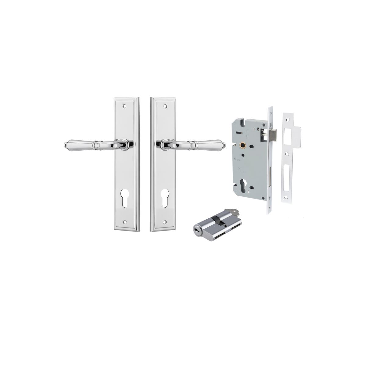 Pair of Iver Sarlat lever handles with stepped backplate, featuring a sleek, modern design in a polished finish.