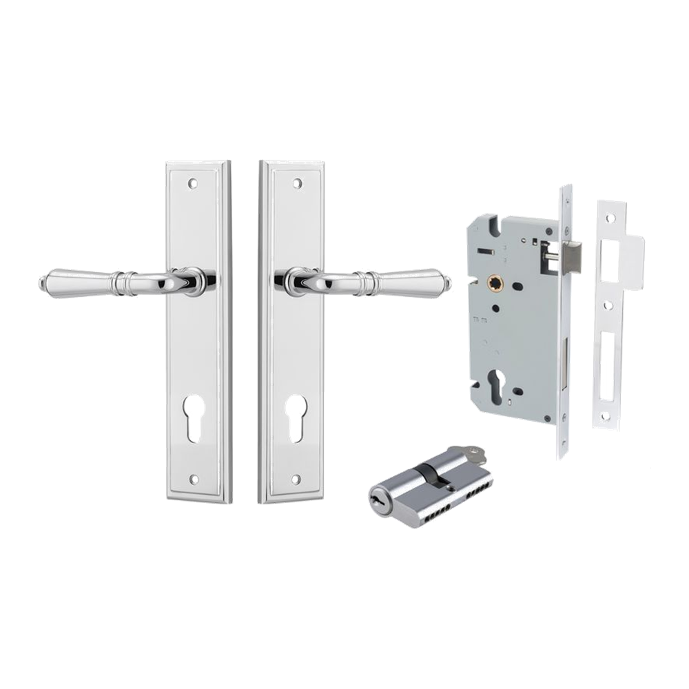 Door Lever Sarlat Stepped Polished Chrome Key / Key Entrance Kit in Polished Chrome