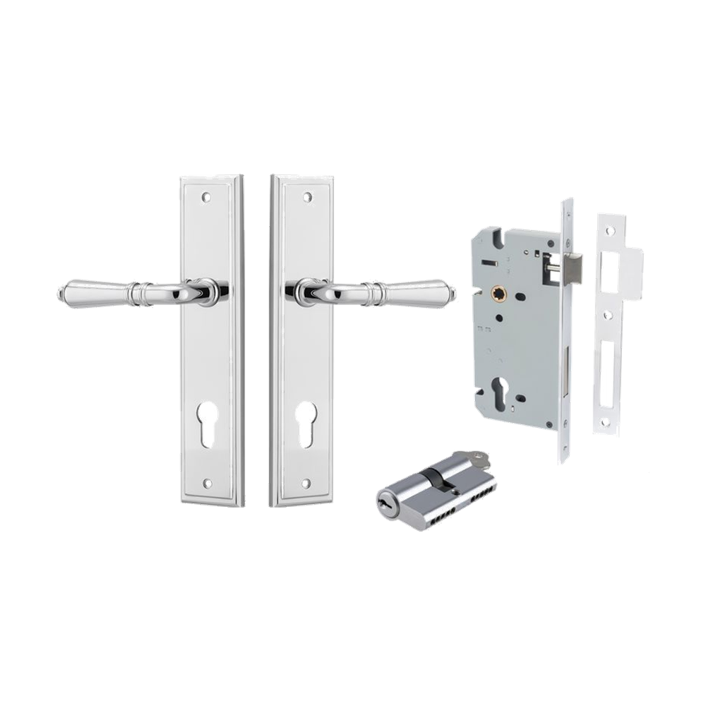 Door Lever Sarlat Stepped Polished Chrome Key / Key Entrance Kit in Polished Chrome