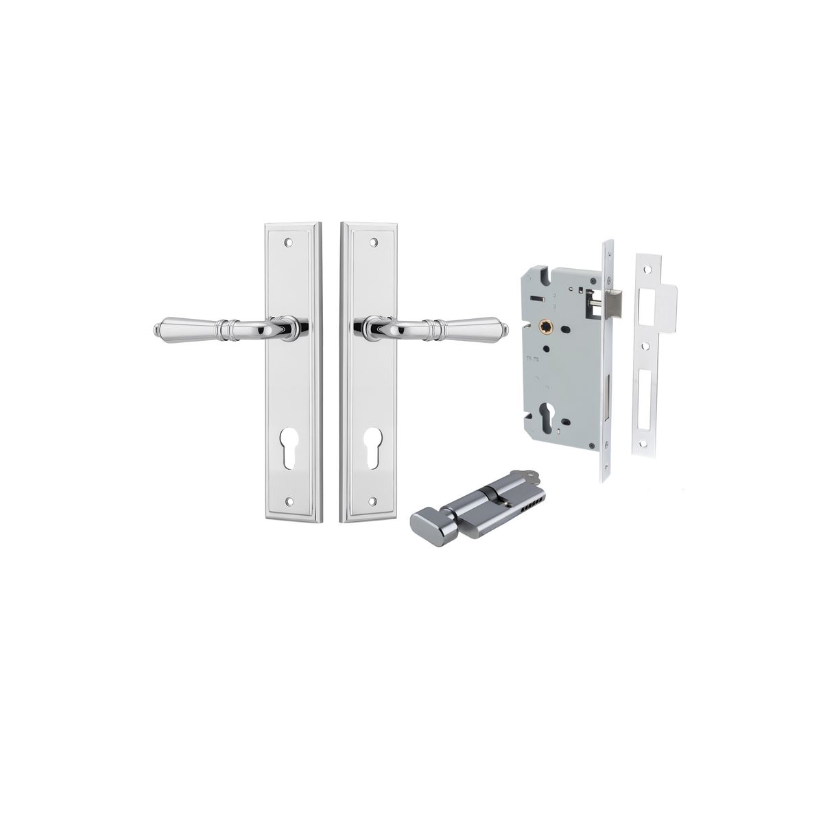 Pair of Iver Sarlat lever door handles on stepped backplate, polished brass finish, showing detailed design and mounting hardware.