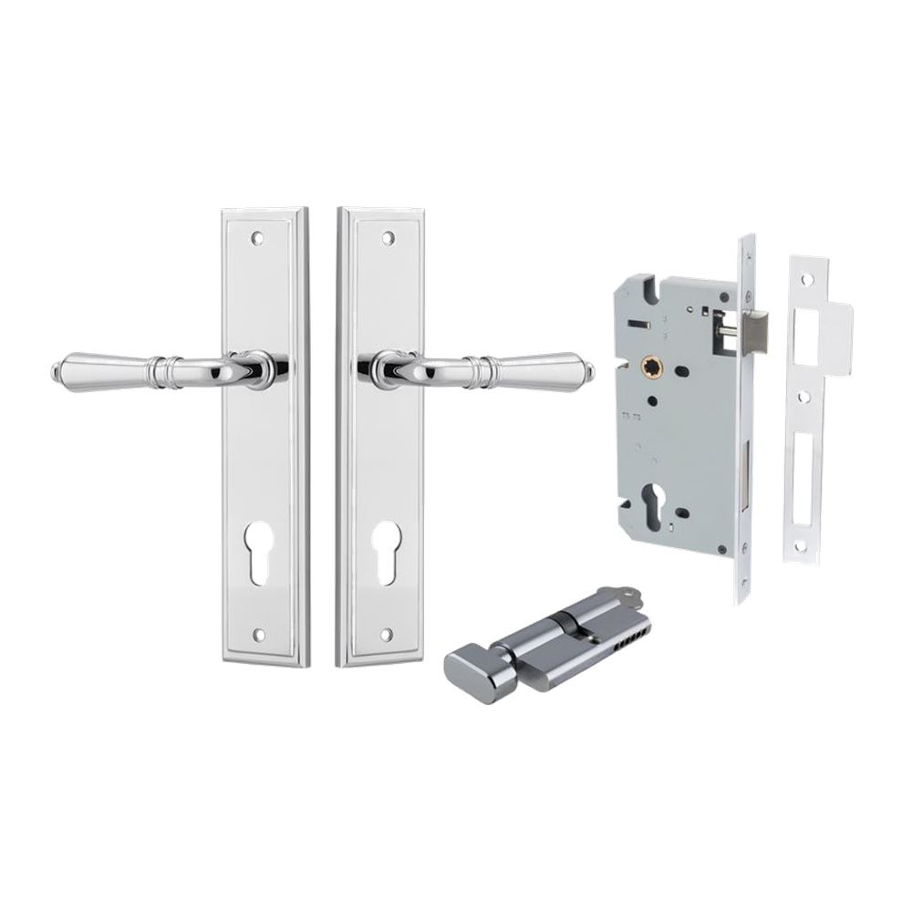 Door Lever Sarlat Stepped Polished Chrome Key / Thumb Entrance Kit in Polished Chrome