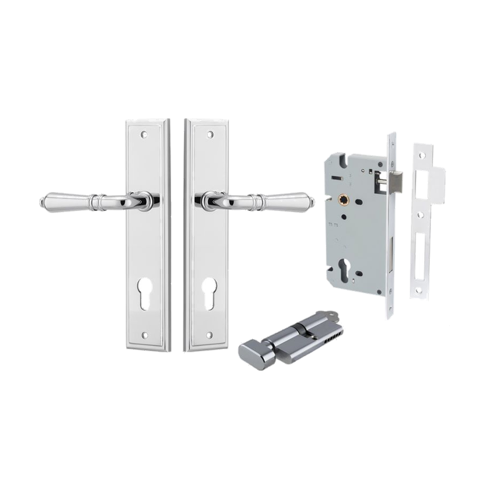 Door Lever Sarlat Stepped Polished Chrome Key / Thumb Entrance Kit in Polished Chrome