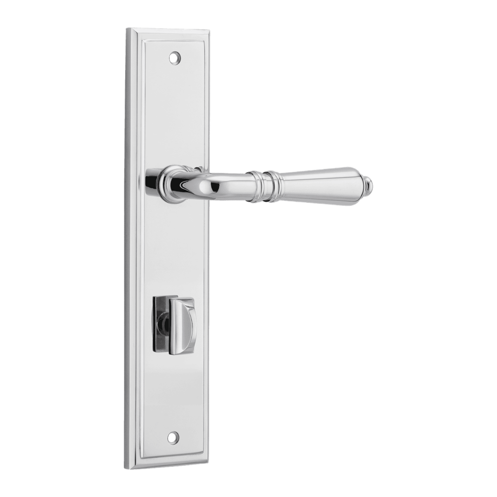 Pair of Iver Sarlat lever handles on stepped backplates, showcasing elegant door hardware with a polished finish.
