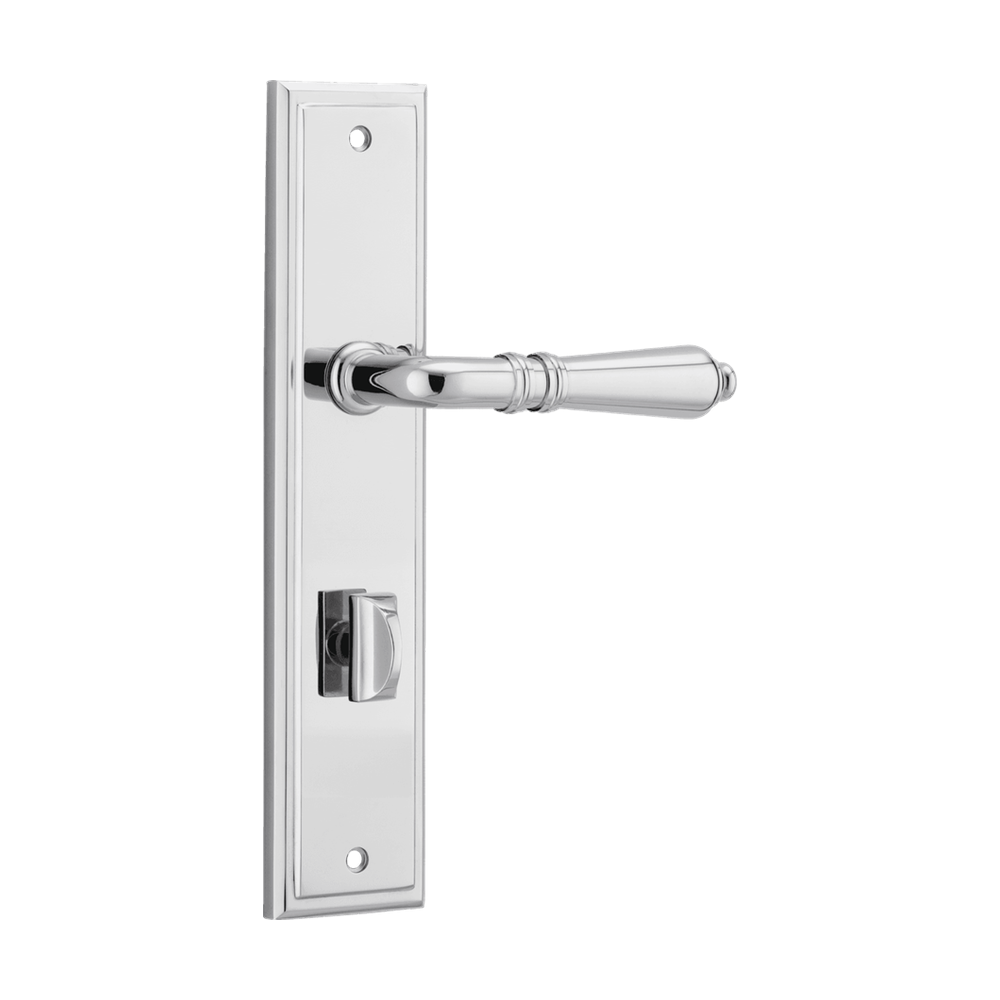 Pair of Iver Sarlat lever handles on stepped backplates, showcasing elegant door hardware with a polished finish.