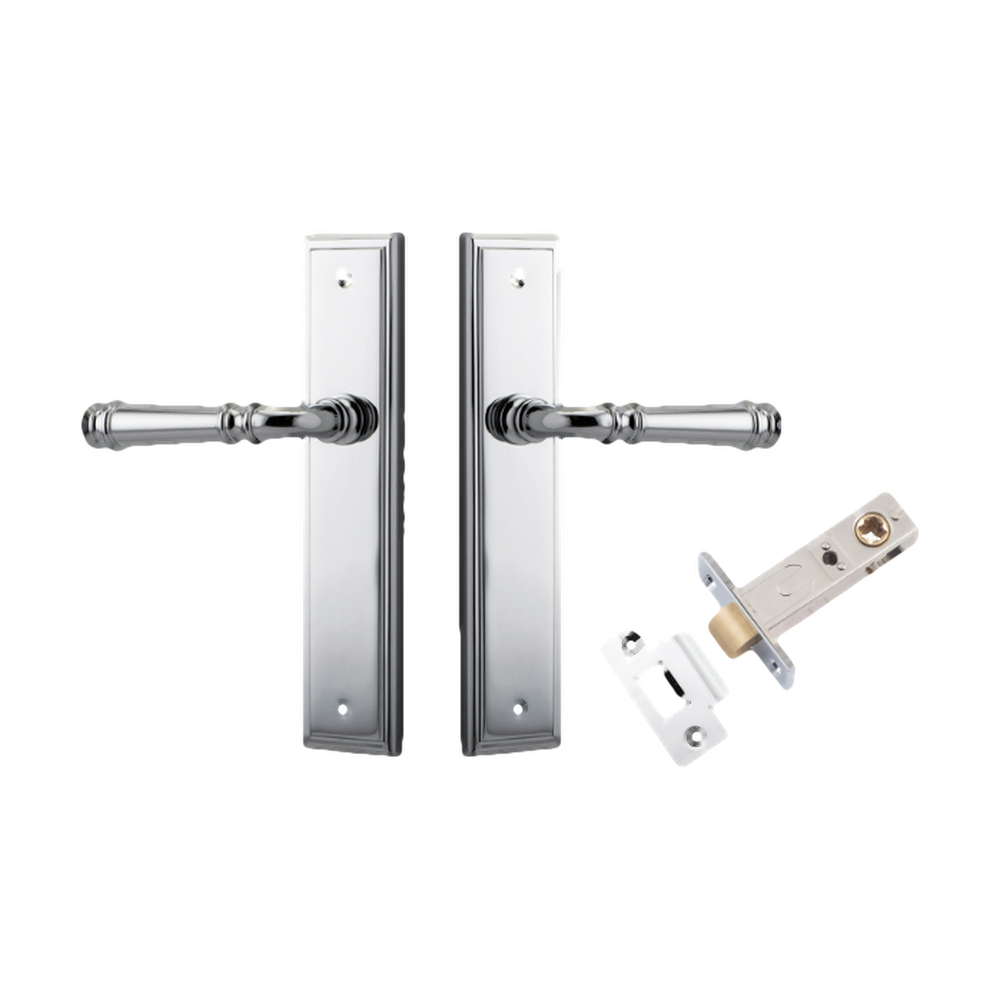 Pair of Iver Verona lever handles on stepped backplates, showcasing sleek architectural hardware design in a brushed finish.