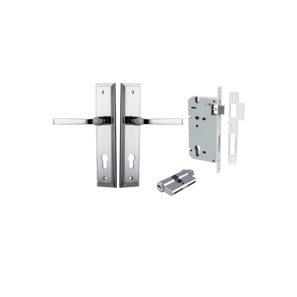 Door Lever Annecy Stepped Euro Polished Chrome CTC85mm H240xW50xP65mm Entrance Kit Mortice Lock Euro Polished Chrome CTC85mm Backset 60mm, Euro Cylinder Dual Function 5 Pin Polished Chrome L65mm KA1 in Polished Chrome