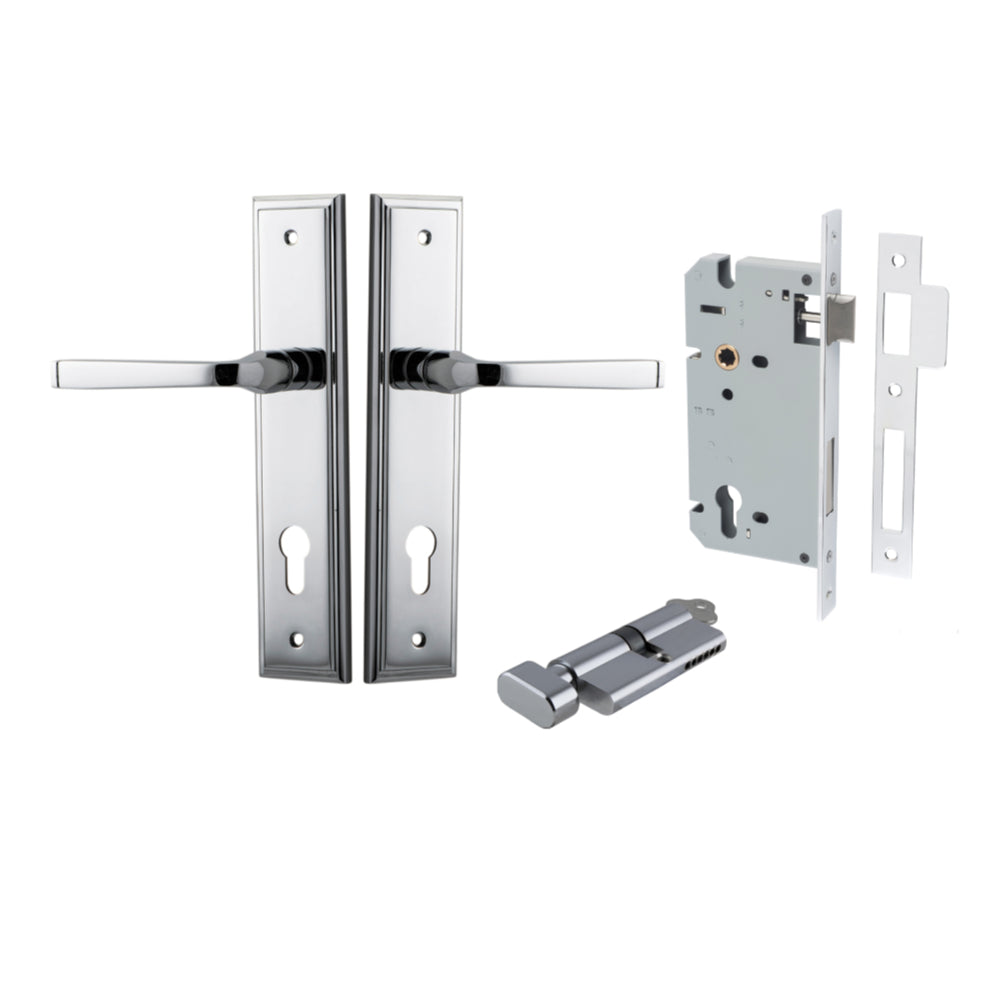 Door Lever Annecy Stepped Euro Polished Chrome CTC85mm H240xW50xP65mm Entrance Kit Mortice Lock Euro Polished Chrome CTC85mm Backset 60mm, Euro Cylinder Key Thumb 6 Pin Polished Chrome L70mm KA1 in Polished Chrome