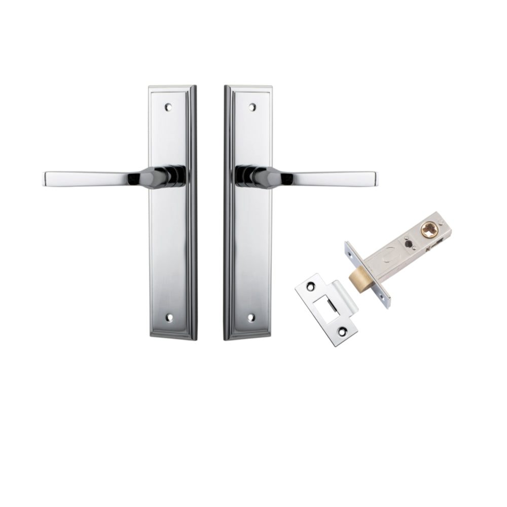 Door Lever Annecy Stepped Latch Polished Chrome H240xW50xP65mm Passage Kit Tube Latch Split Cam 'T' Striker Polished Chrome Backset 60mm in Polished Chrome