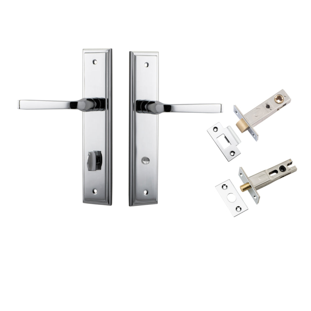 Door Lever Annecy Stepped Privacy Polished Chrome CTC85mm H240xW50xP65mm Inbuilt Privacy Kit Tube Latch Split Cam 'T' Striker Polished Chrome Backset 60mm, Privacy Bolt Round Bolt Polished Chrome Backset 60mm in Polished Chrome