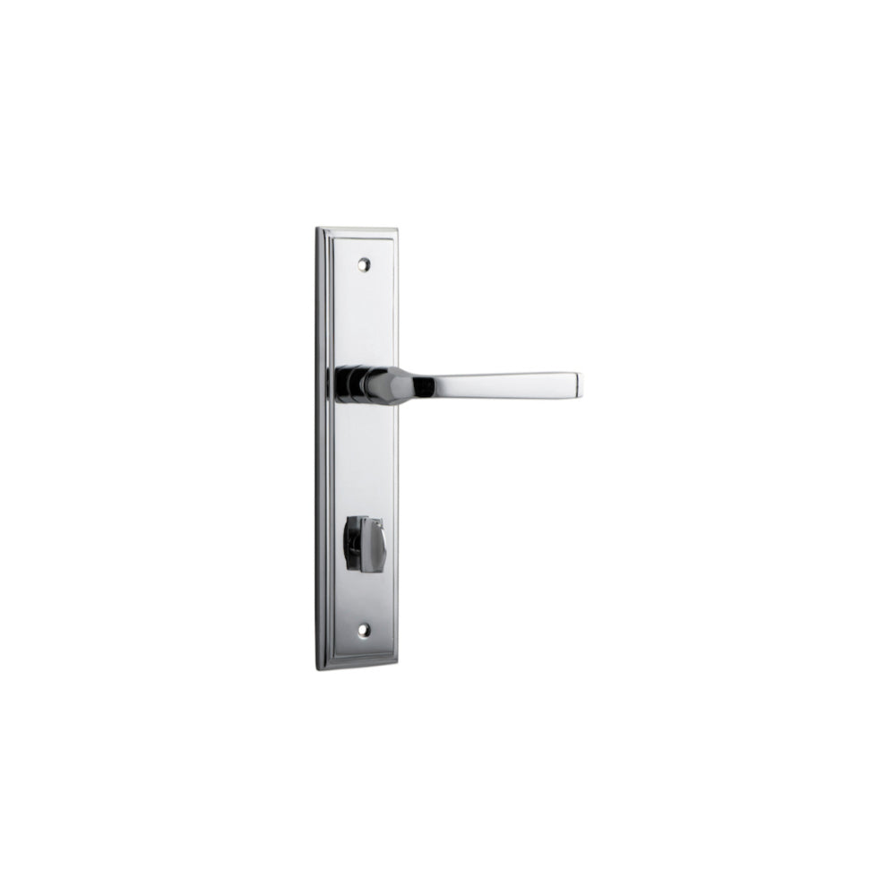 Pair of Iver Annecy lever handles on stepped backplates, featuring elegant, polished metal finish and classic design for doors.