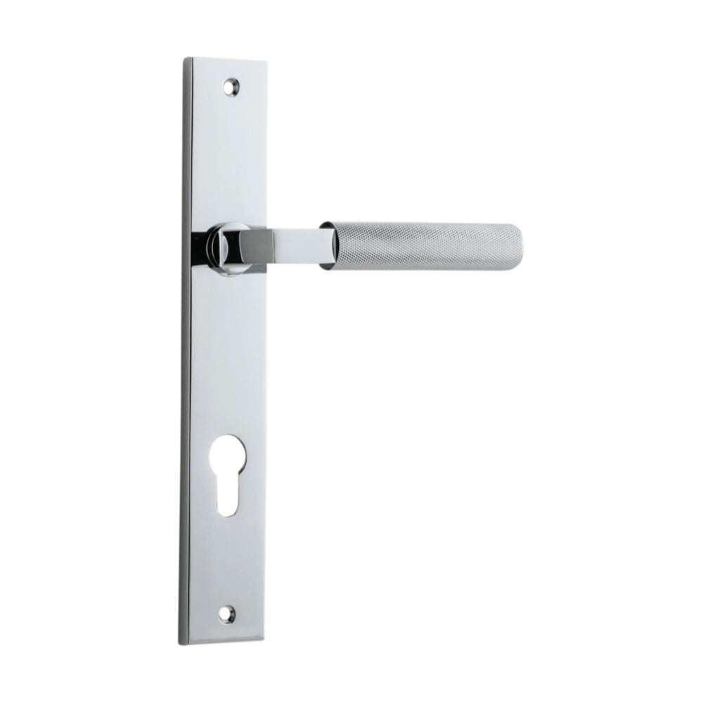 Pair of Iver Brunswick lever door handles on rectangular backplates, featuring a sleek, modern design for interior doors.
