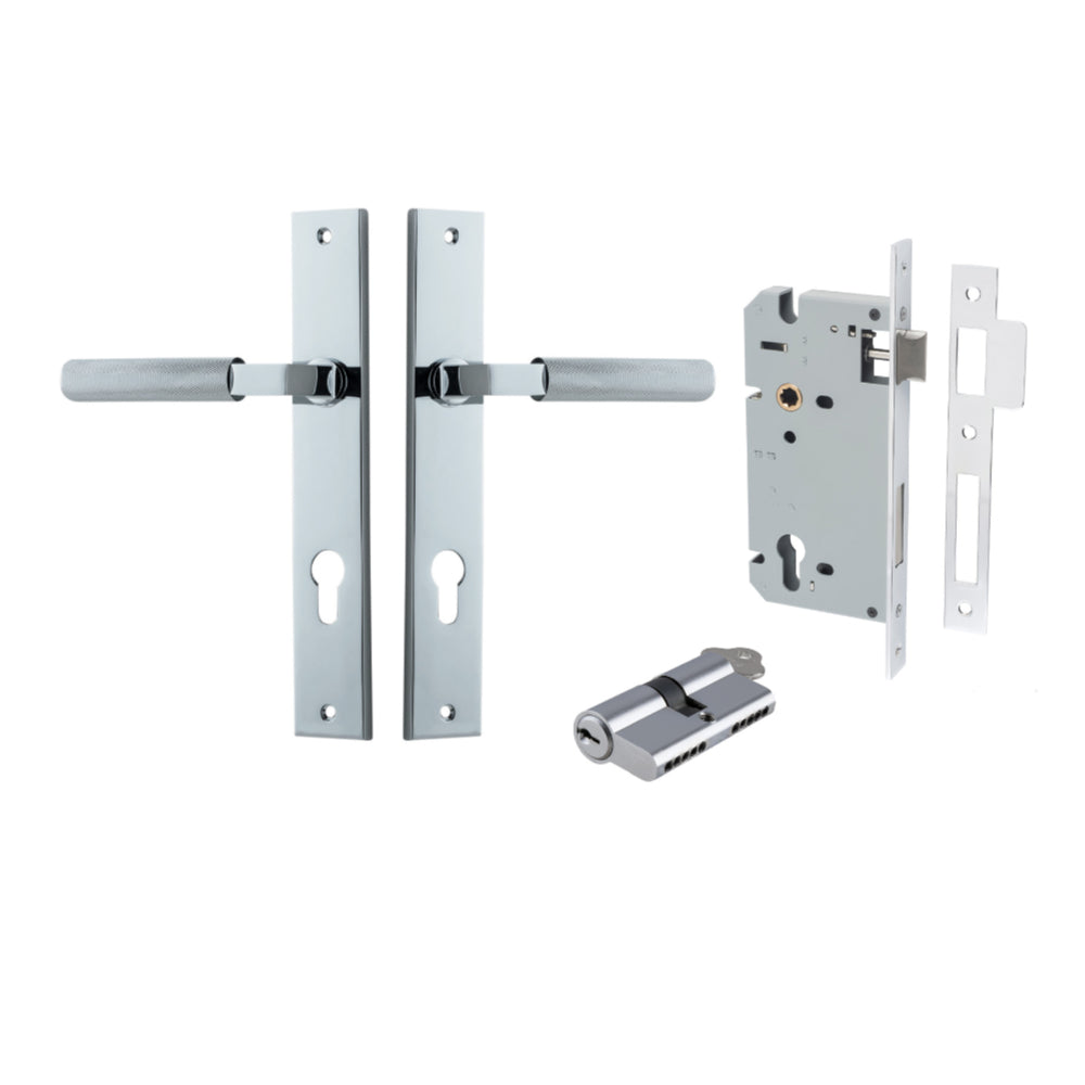 Door Lever Brunswick Rectangular Euro Pair Polished Chrome CTC85mm L120xP57mm BPH240xW38mm, Mortice Lock Euro Polished Chrome CTC85mm Backset 60mm, Euro Cylinder Dual Function 5 Pin Polished Chrome 65mm KA4 in Polished Chrome